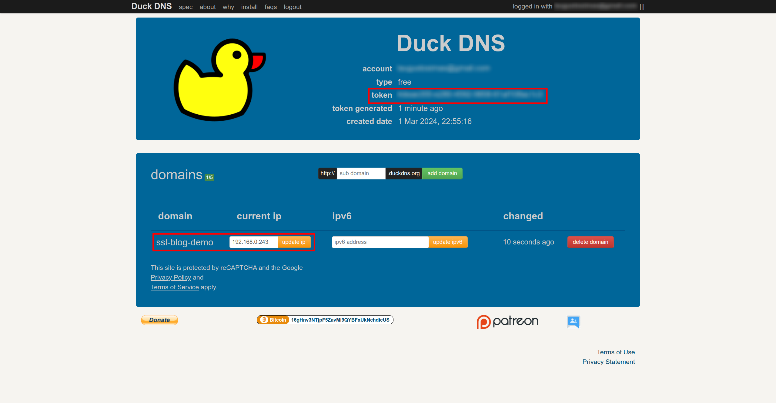 Página do Duck DNS